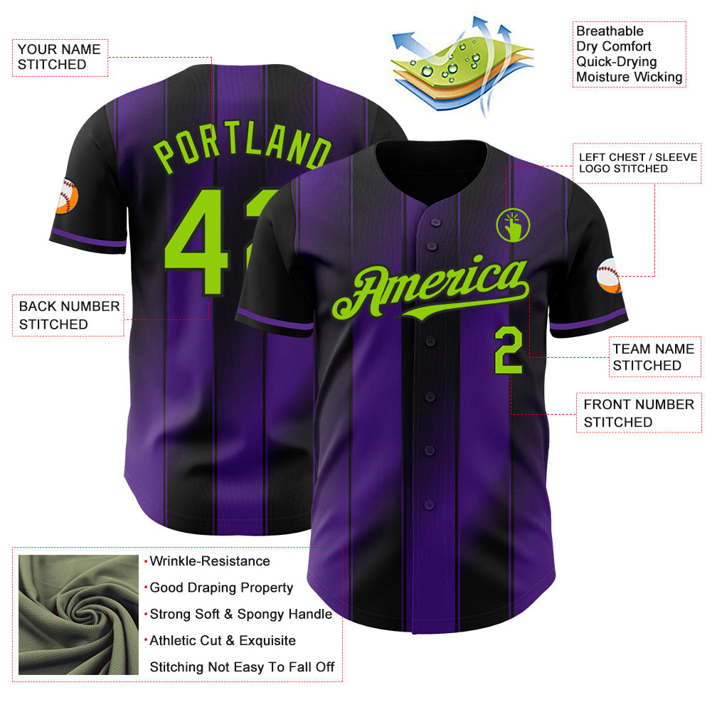Custom Black Neon Green-Purple Gradient Classic Vertical Stripe Authentic Baseball Jersey