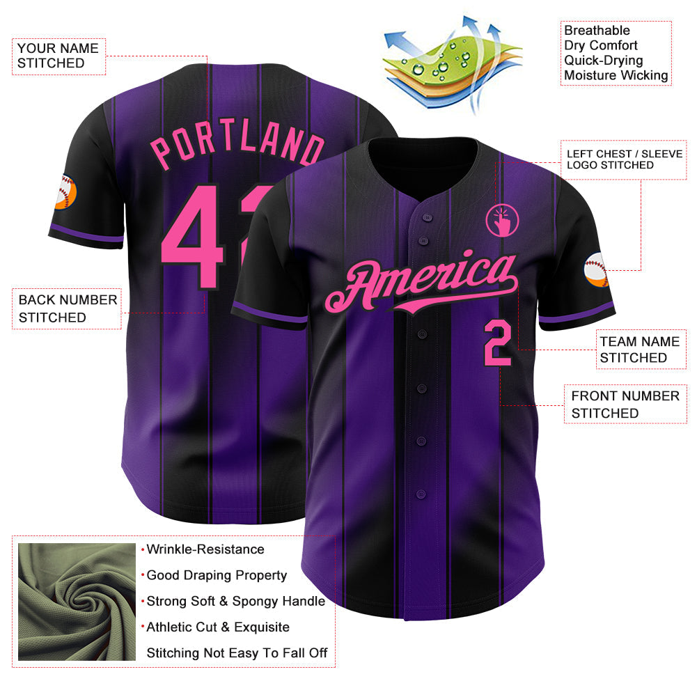 Custom Black Pink-Purple Gradient Classic Vertical Stripe Authentic Baseball Jersey