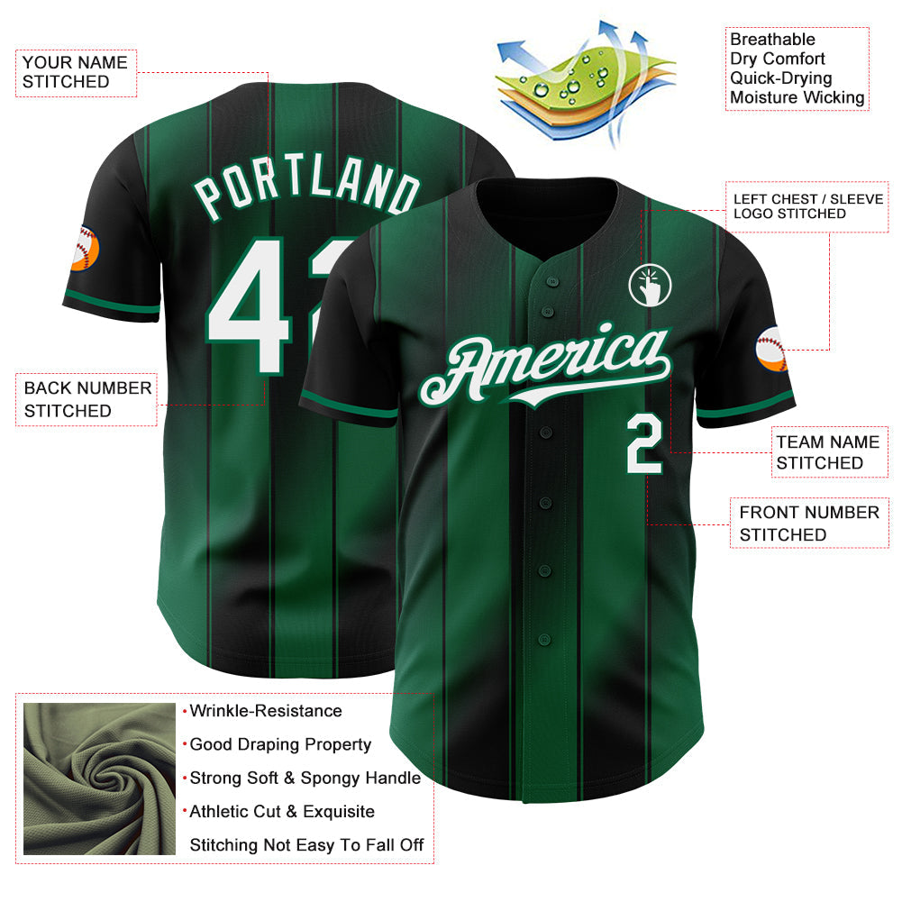 Custom Black White-Kelly Green Gradient Classic Vertical Stripe Authentic Baseball Jersey