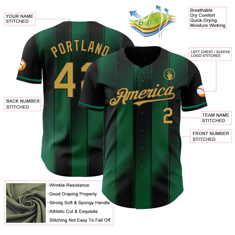 Custom Black Old Gold-Kelly Green Gradient Classic Vertical Stripe Authentic Baseball Jersey