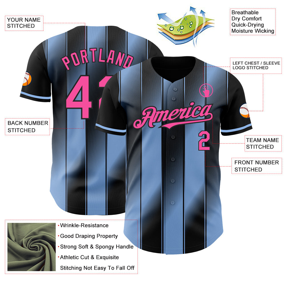 Custom Black Pink-Light Blue Gradient Classic Vertical Stripe Authentic Baseball Jersey