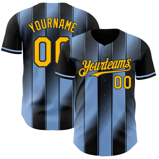 Custom Black Gold-Light Blue Gradient Classic Vertical Stripe Authentic Baseball Jersey