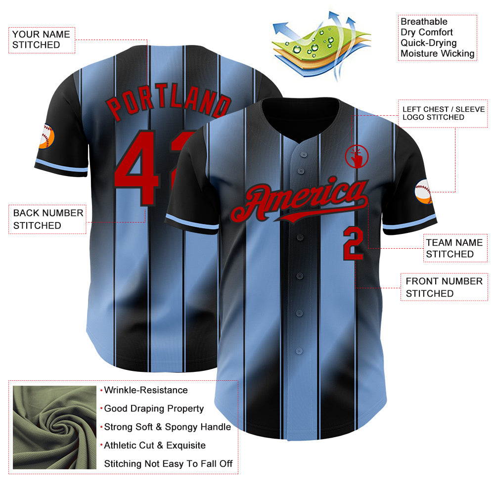 Custom Black Red-Light Blue Gradient Classic Vertical Stripe Authentic Baseball Jersey