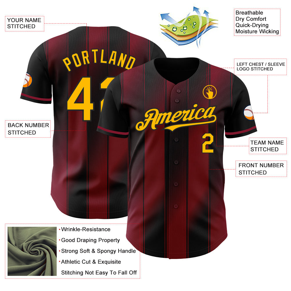 Custom Black Gold-Crimson Gradient Classic Vertical Stripe Authentic Baseball Jersey