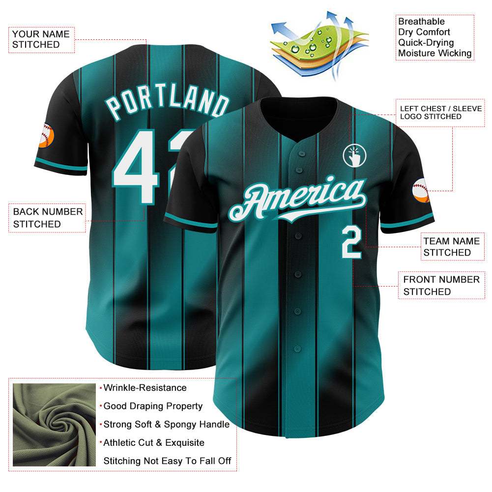 Custom Black White-Teal Gradient Classic Vertical Stripe Authentic Baseball Jersey