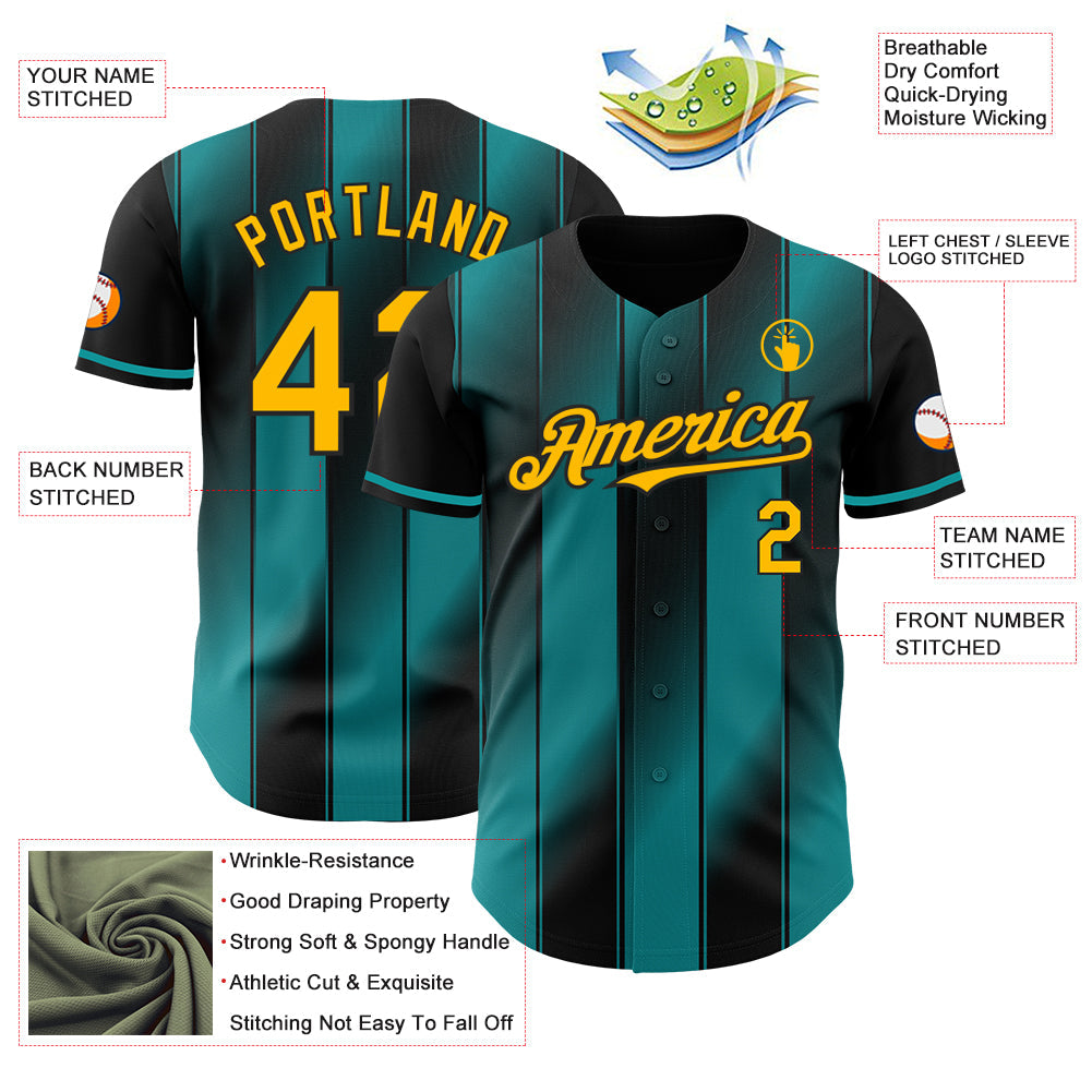 Custom Black Gold-Teal Gradient Classic Vertical Stripe Authentic Baseball Jersey