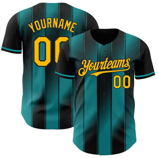 Custom Black Gold-Teal Gradient Classic Vertical Stripe Authentic Baseball Jersey