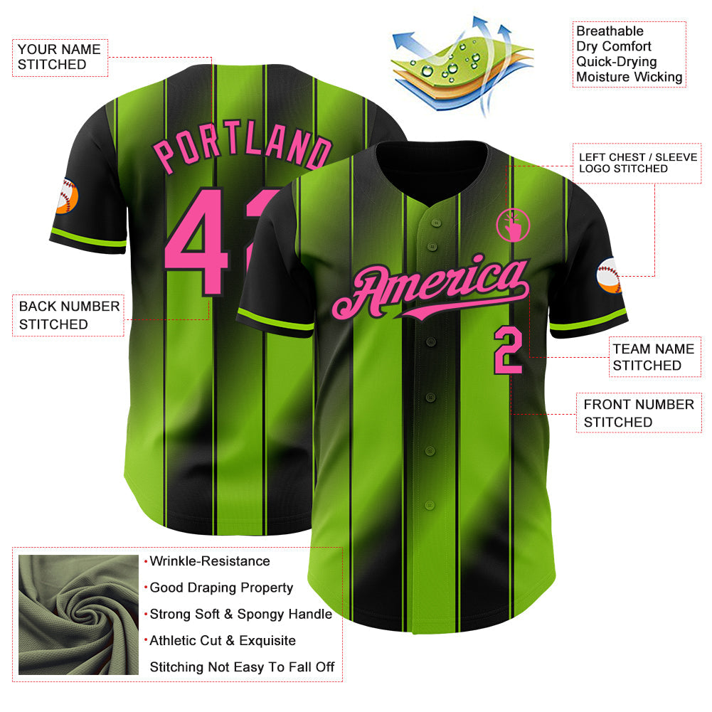 Custom Black Pink-Neon Green Gradient Classic Vertical Stripe Authentic Baseball Jersey