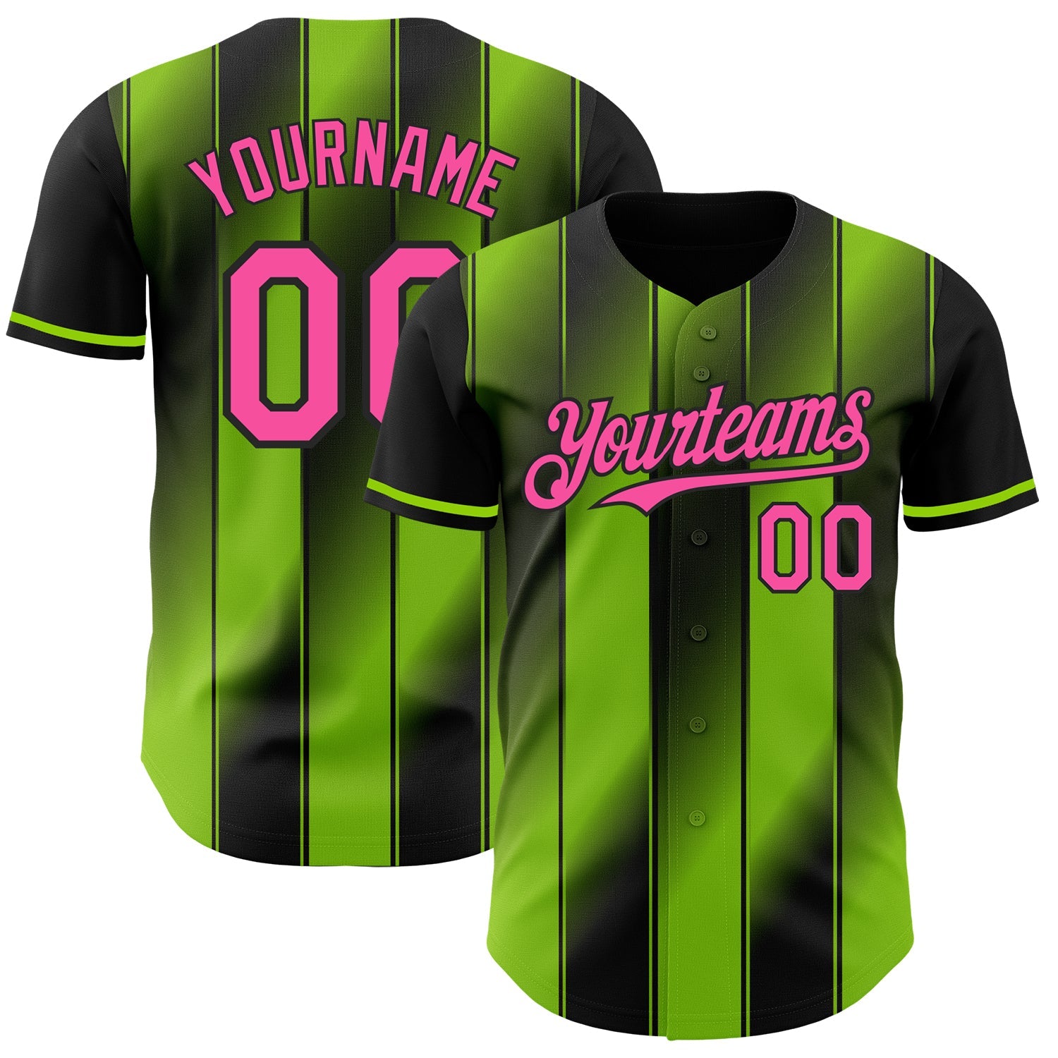Custom Black Pink-Neon Green Gradient Classic Vertical Stripe Authentic Baseball Jersey
