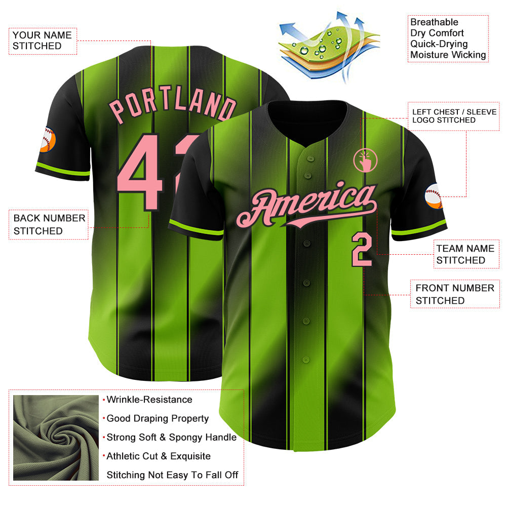 Custom Black Medium Pink-Neon Green Gradient Classic Vertical Stripe Authentic Baseball Jersey