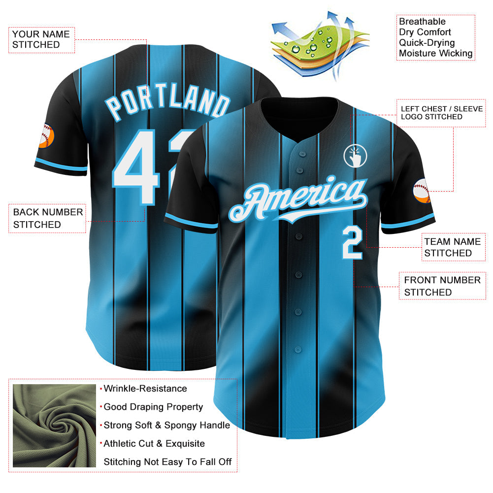 Custom Black White-Sky Blue Gradient Classic Vertical Stripe Authentic Baseball Jersey