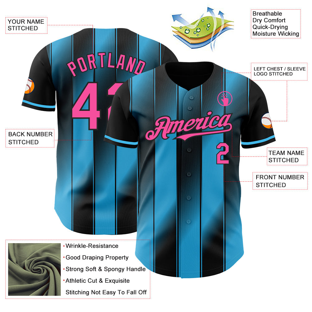 Custom Black Pink-Sky Blue Gradient Classic Vertical Stripe Authentic Baseball Jersey