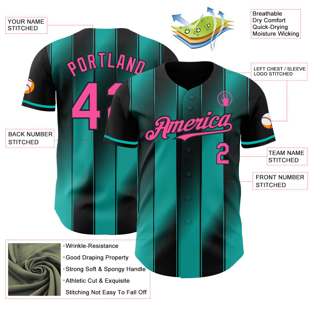 Custom Black Pink-Aqua Gradient Classic Vertical Stripe Authentic Baseball Jersey