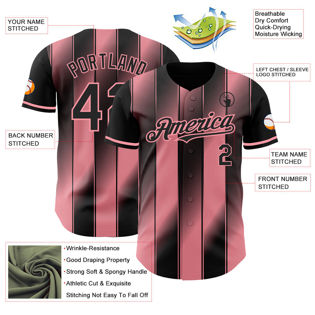 Custom Black-Medium Pink Gradient Classic Vertical Stripe Authentic Baseball Jersey