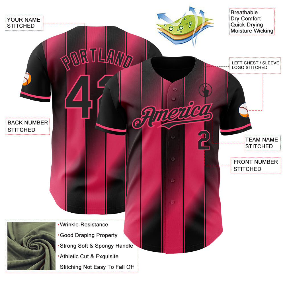 Custom Black-Neon Pink Gradient Classic Vertical Stripe Authentic Baseball Jersey
