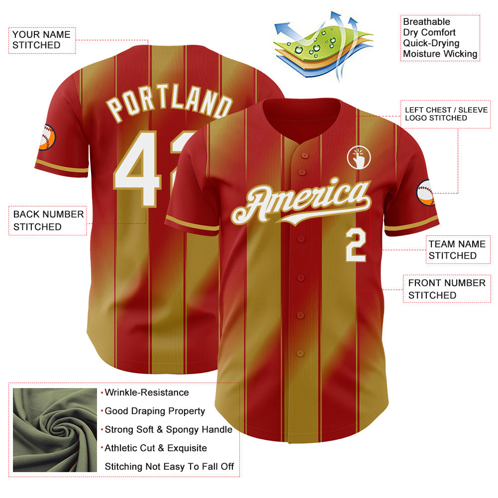 Custom Red White-Old Gold Gradient Classic Vertical Stripe Authentic Baseball Jersey