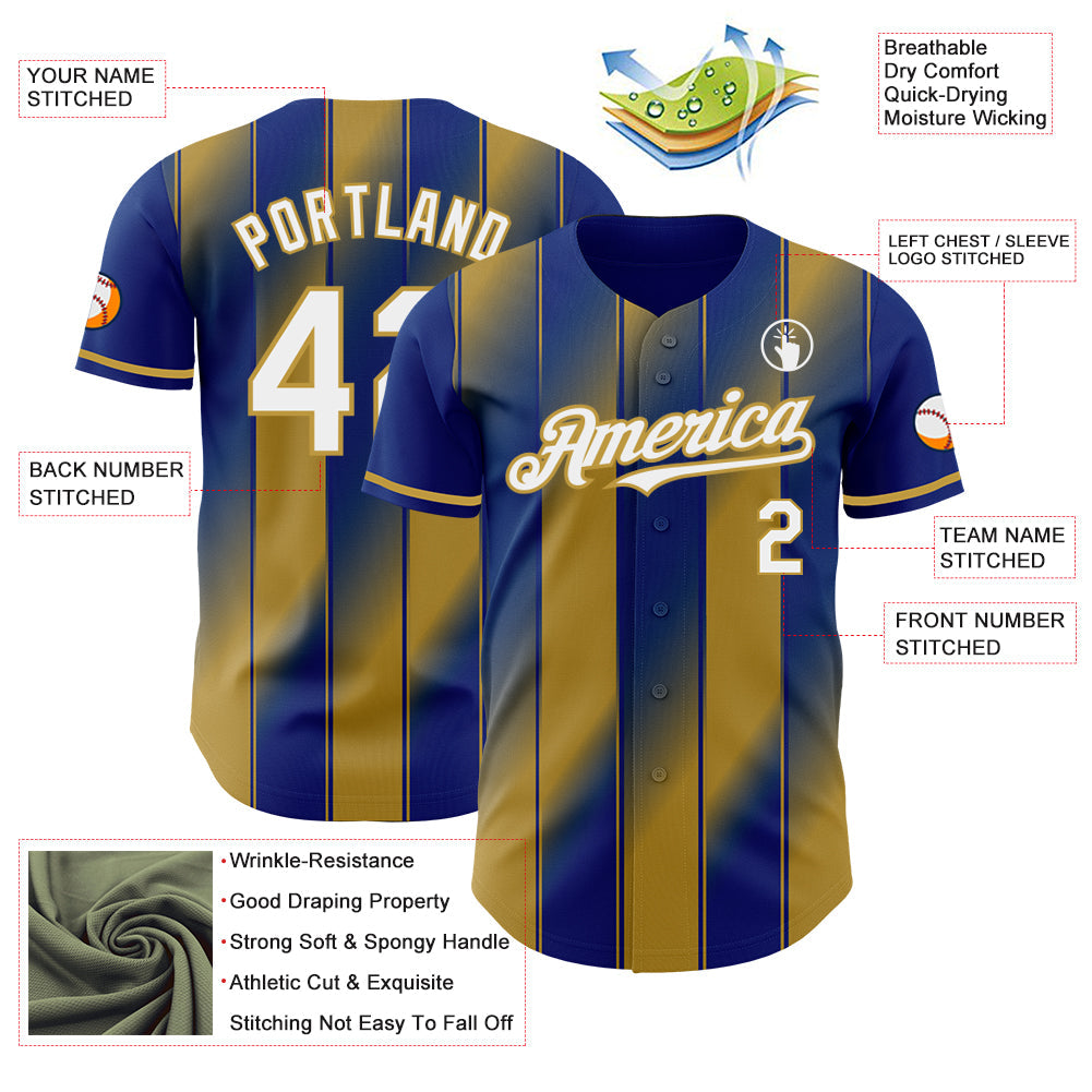 Custom Royal White-Old Gold Gradient Classic Vertical Stripe Authentic Baseball Jersey