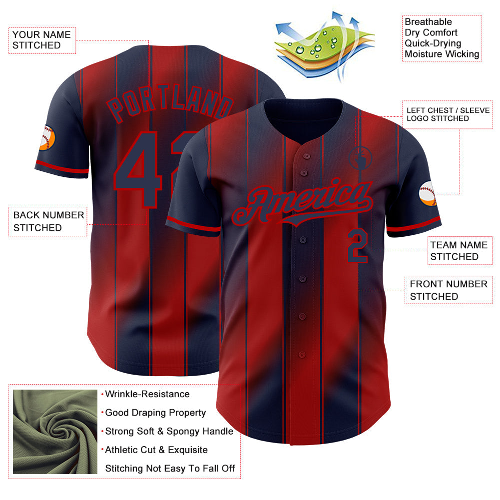 Custom Navy-Red Gradient Classic Vertical Stripe Authentic Baseball Jersey