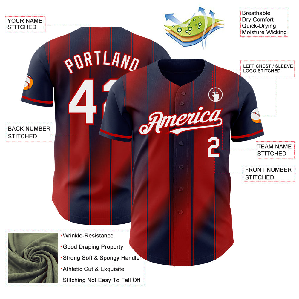 Custom Navy White-Red Gradient Classic Vertical Stripe Authentic Baseball Jersey