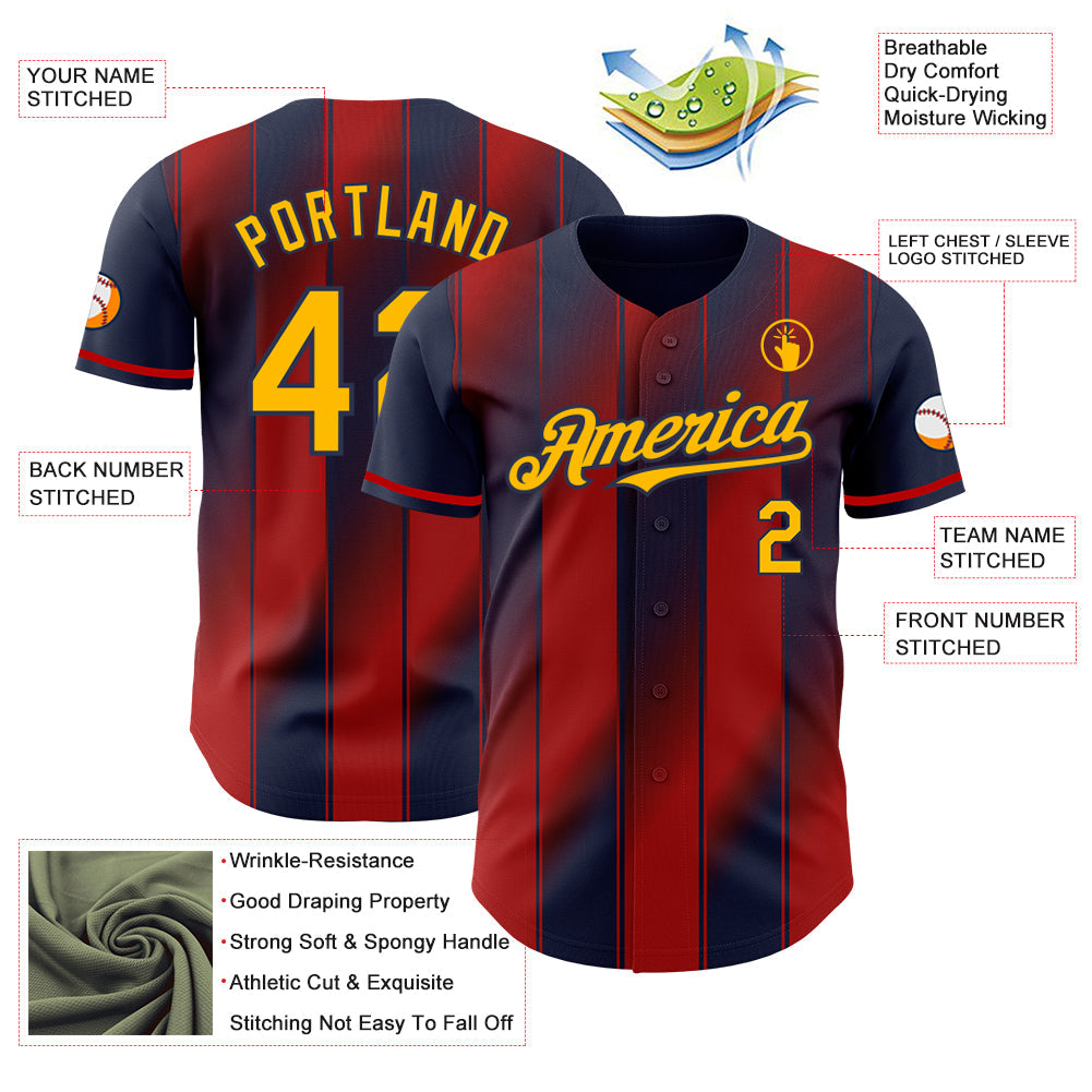 Custom Navy Gold-Red Gradient Classic Vertical Stripe Authentic Baseball Jersey