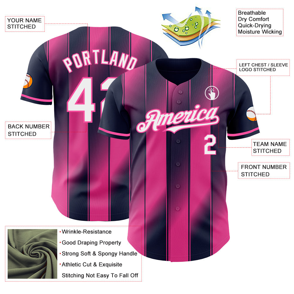 Custom Navy White-Pink Gradient Classic Vertical Stripe Authentic Baseball Jersey