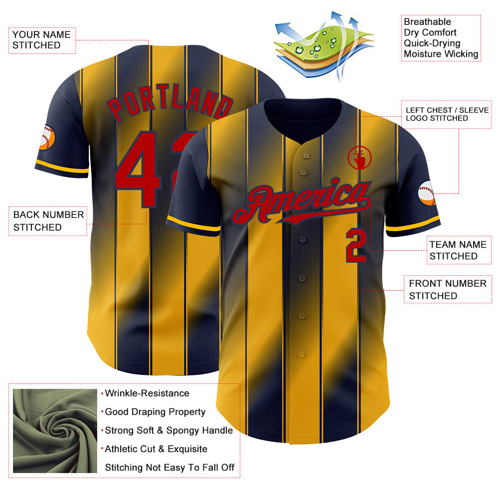 Custom Navy Red-Gold Gradient Classic Vertical Stripe Authentic Baseball Jersey
