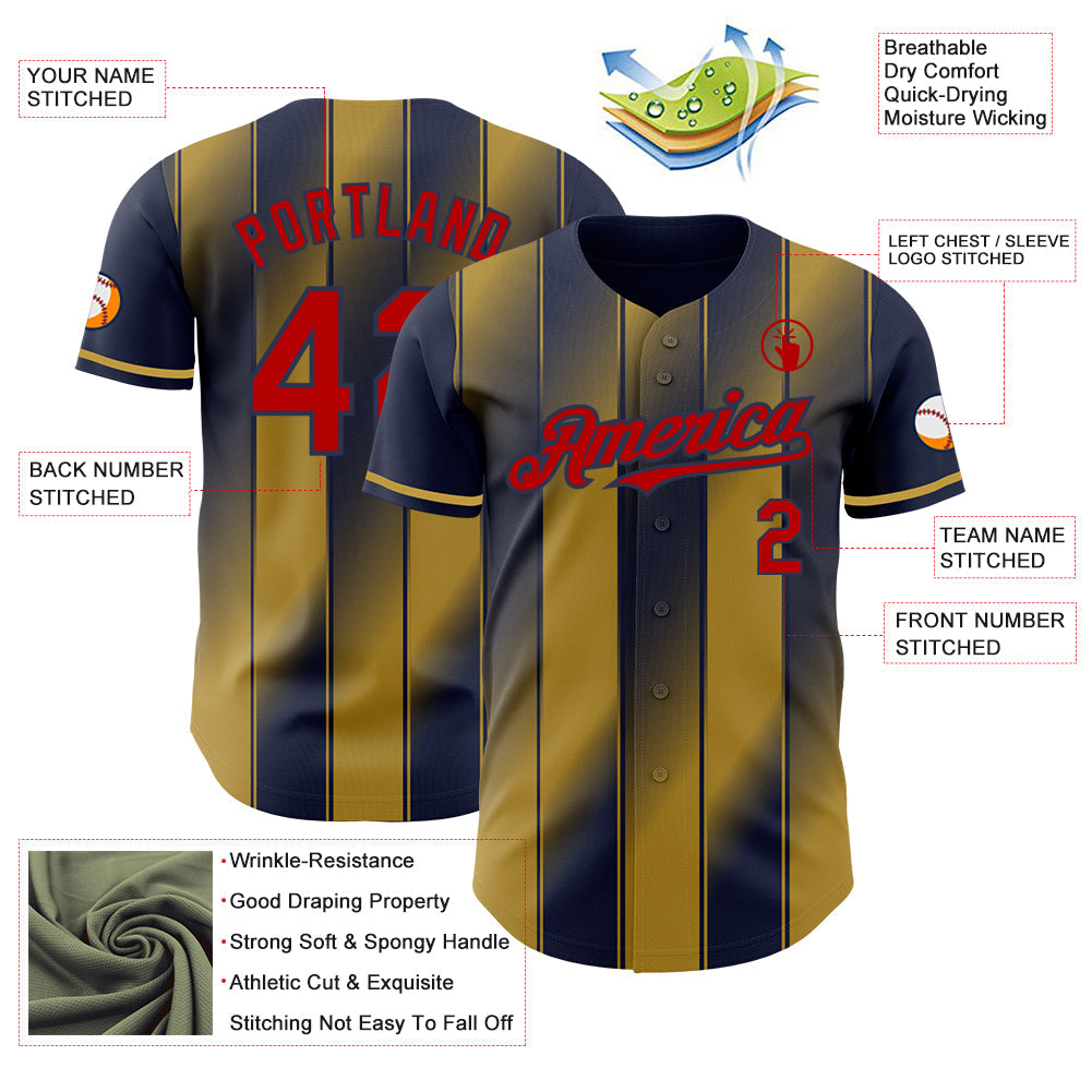 Custom Navy Red-Old Gold Gradient Classic Vertical Stripe Authentic Baseball Jersey