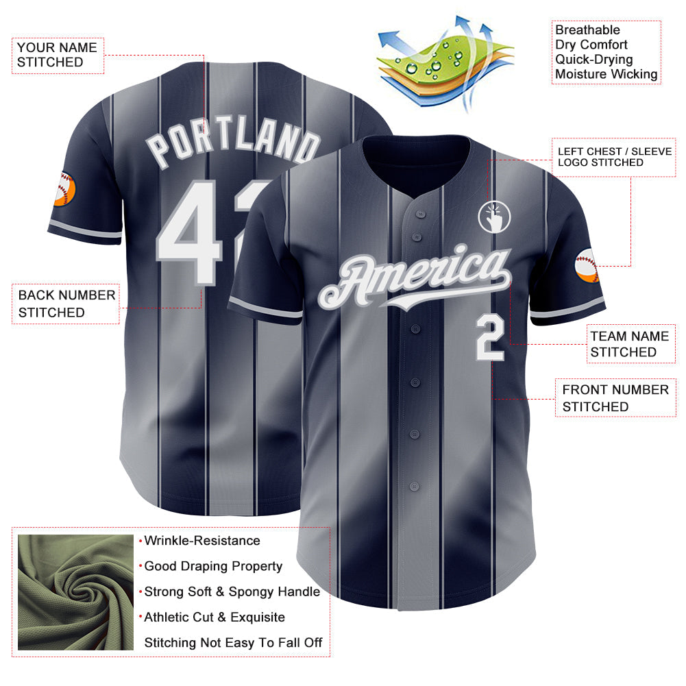 Custom Navy White-Gray Gradient Classic Vertical Stripe Authentic Baseball Jersey