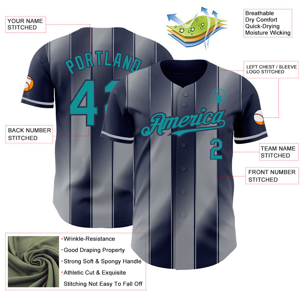 Custom Navy Teal-Gray Gradient Classic Vertical Stripe Authentic Baseball Jersey