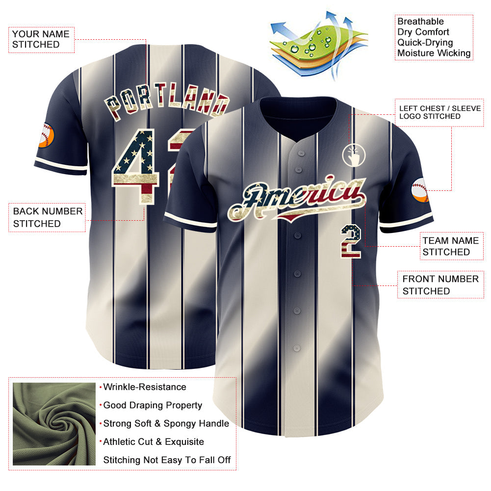Custom Navy Vintage USA Flag Cream-Cream Gradient Classic Vertical Stripe Authentic Baseball Jersey