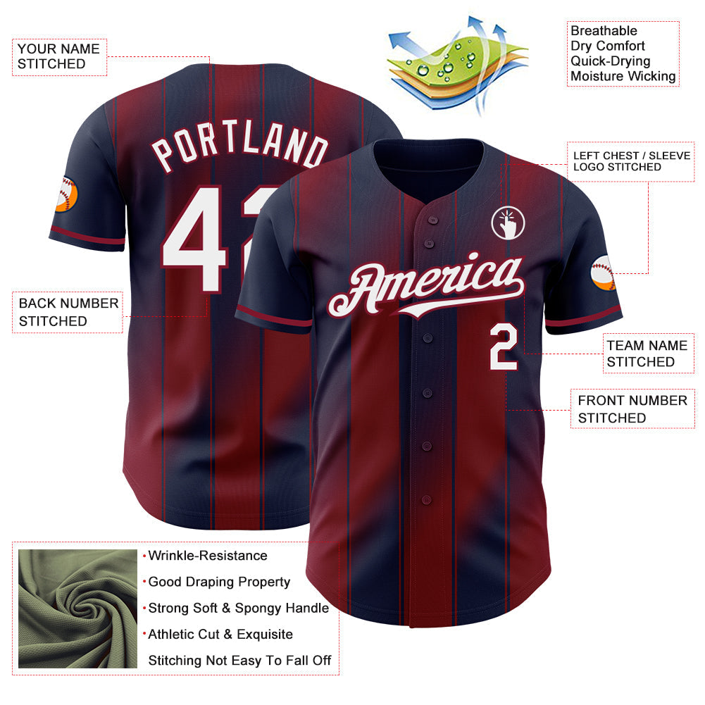 Custom Navy White-Crimson Gradient Classic Vertical Stripe Authentic Baseball Jersey