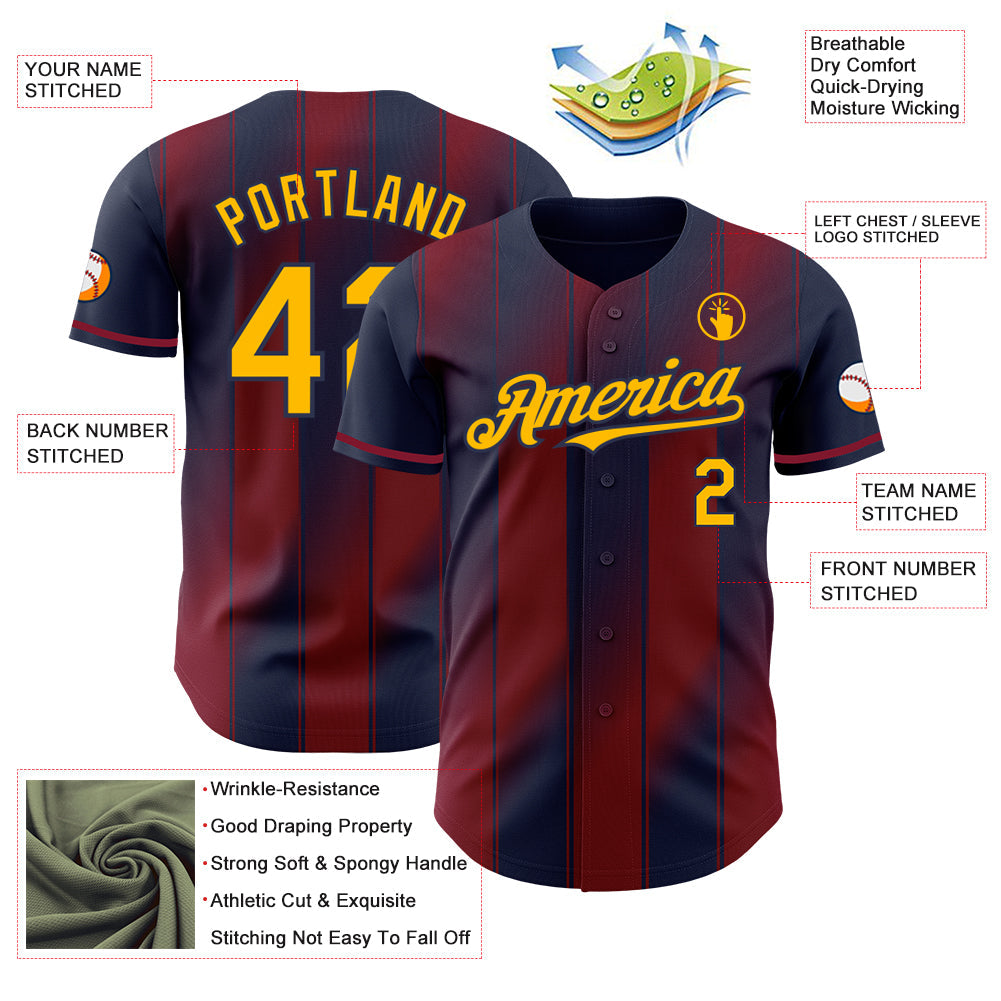 Custom Navy Gold-Crimson Gradient Classic Vertical Stripe Authentic Baseball Jersey