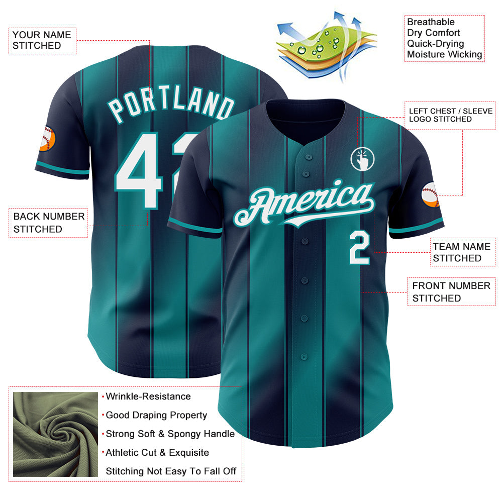 Custom Navy White-Teal Gradient Classic Vertical Stripe Authentic Baseball Jersey