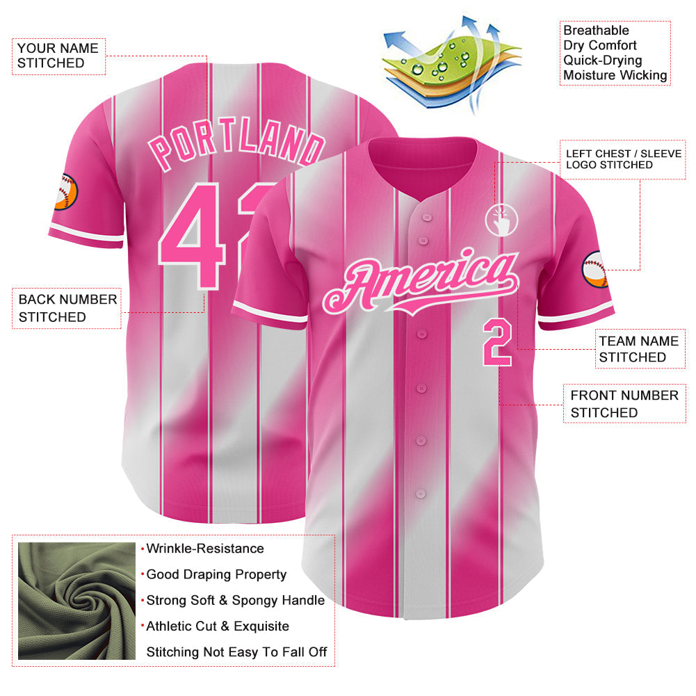 Custom Pink-White Gradient Classic Vertical Stripe Authentic Baseball Jersey