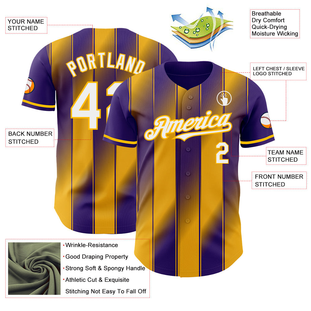 Custom Purple White-Gold Gradient Classic Vertical Stripe Authentic Baseball Jersey