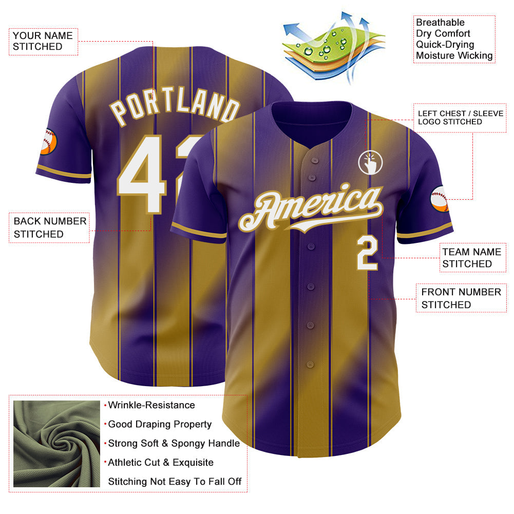 Custom Purple White-Old Gold Gradient Classic Vertical Stripe Authentic Baseball Jersey