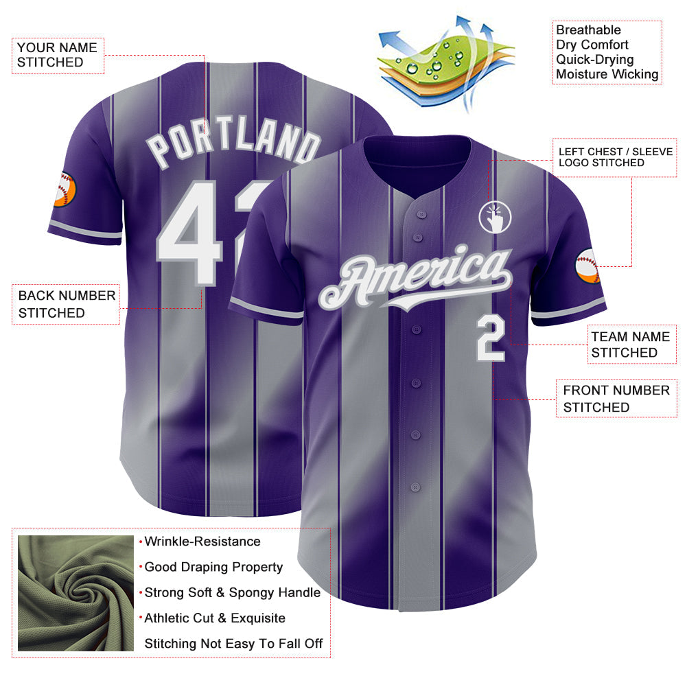 Custom Purple White-Gray Gradient Classic Vertical Stripe Authentic Baseball Jersey