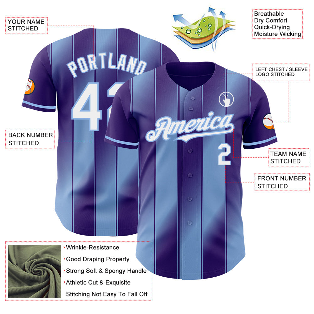 Custom Purple White-Light Blue Gradient Classic Vertical Stripe Authentic Baseball Jersey