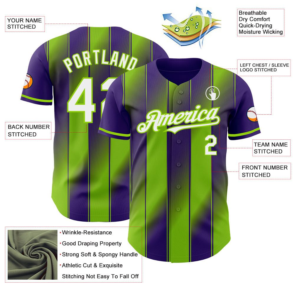 Custom Purple White-Neon Green Gradient Classic Vertical Stripe Authentic Baseball Jersey