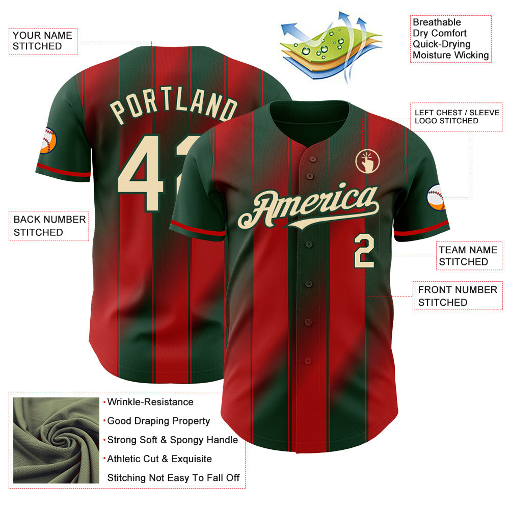 Custom Green Cream-Red Gradient Classic Vertical Stripe Authentic Baseball Jersey