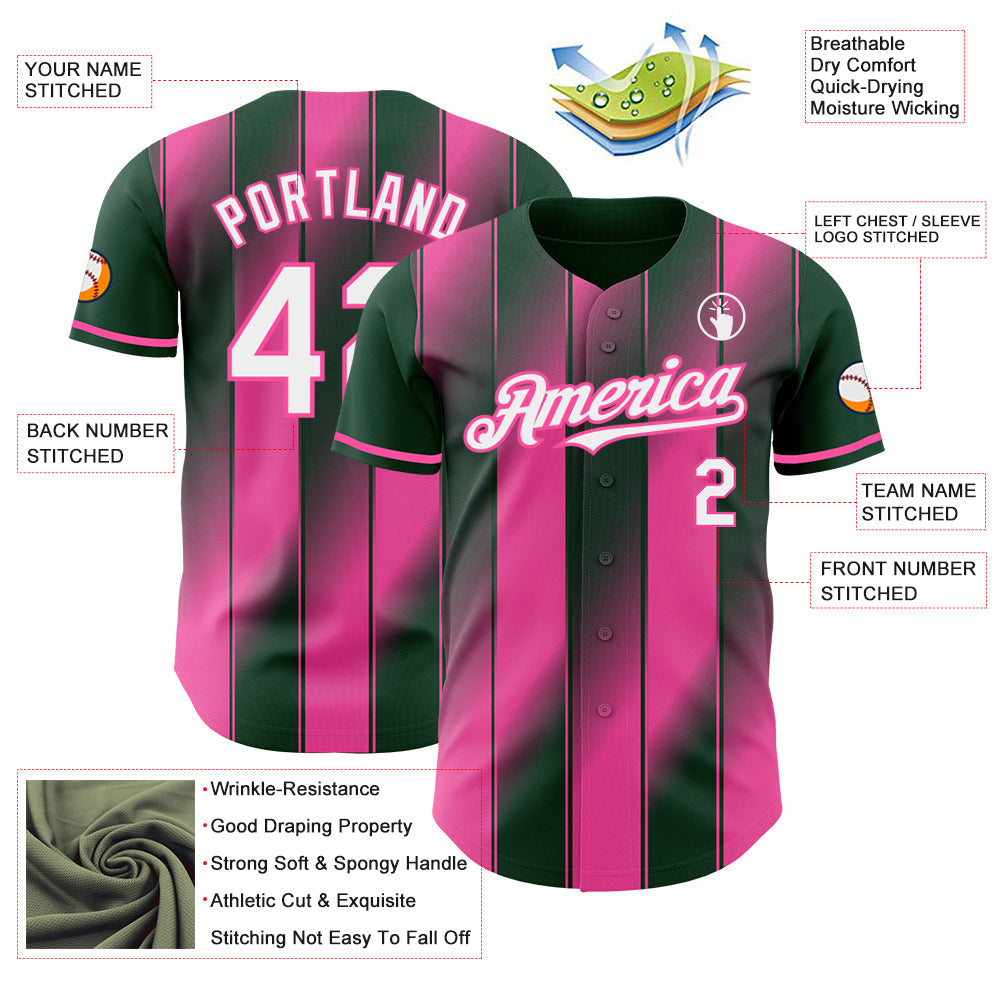 Custom Green White-Pink Gradient Classic Vertical Stripe Authentic Baseball Jersey