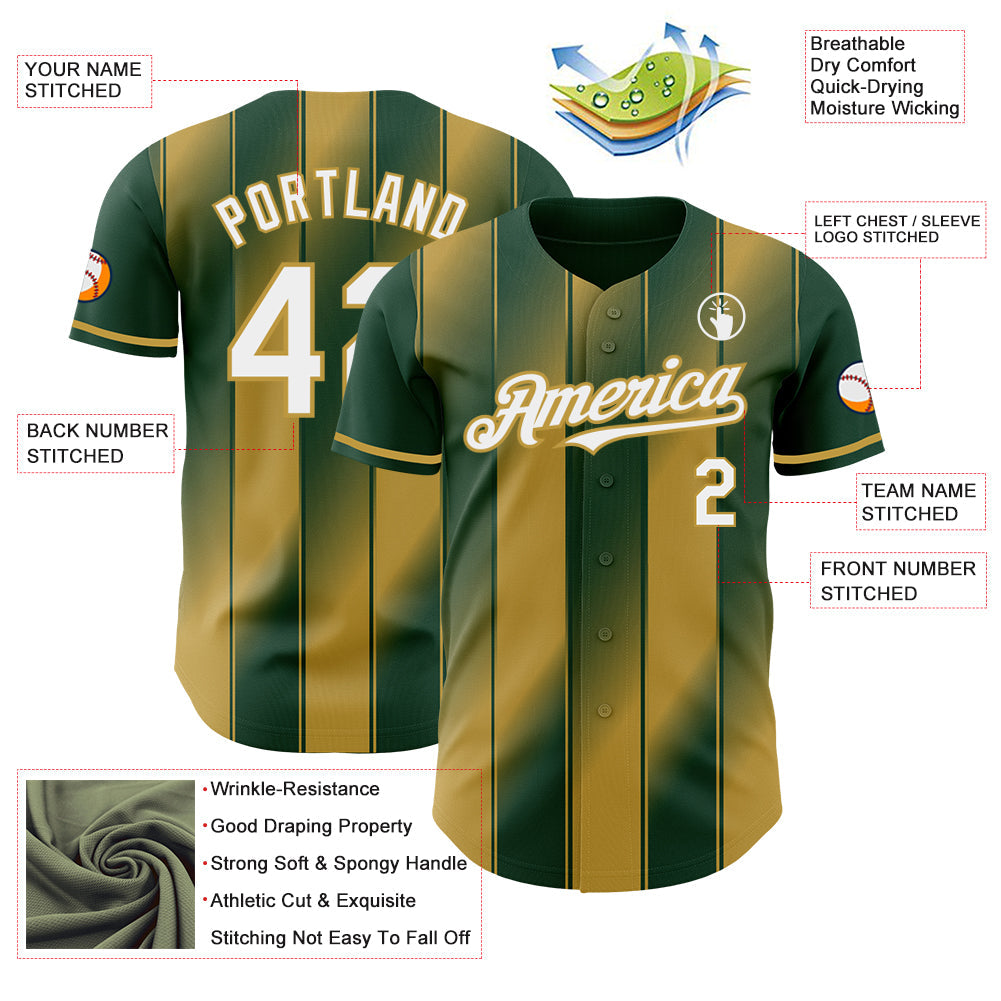 Custom Green White-Old Gold Gradient Classic Vertical Stripe Authentic Baseball Jersey