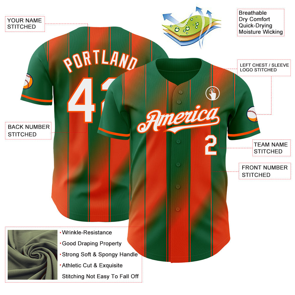 Custom Kelly Green White-Orange Gradient Classic Vertical Stripe Authentic Baseball Jersey