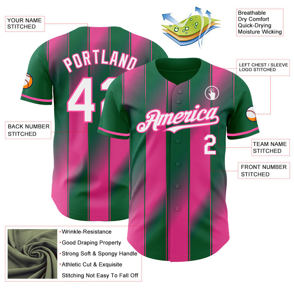 Custom Kelly Green White Pink-Pink Gradient Classic Vertical Stripe Authentic Baseball Jersey