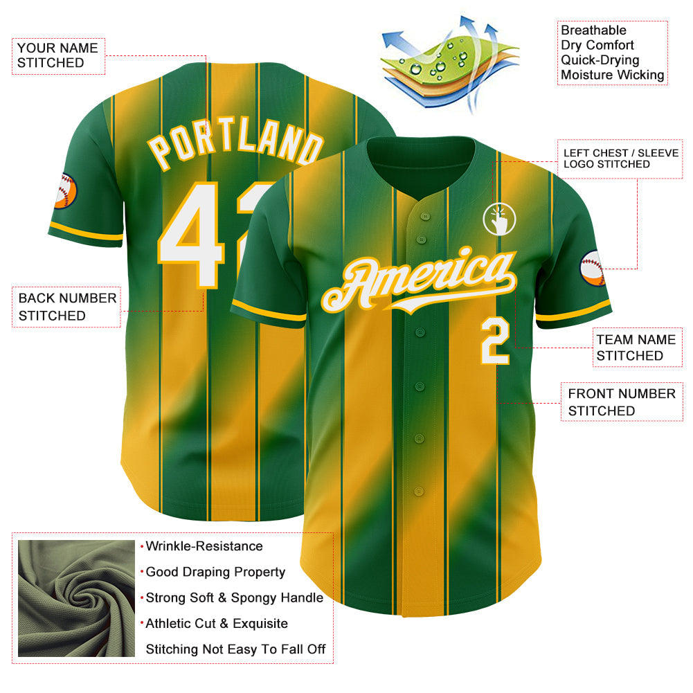 Custom Kelly Green White-Gold Gradient Classic Vertical Stripe Authentic Baseball Jersey