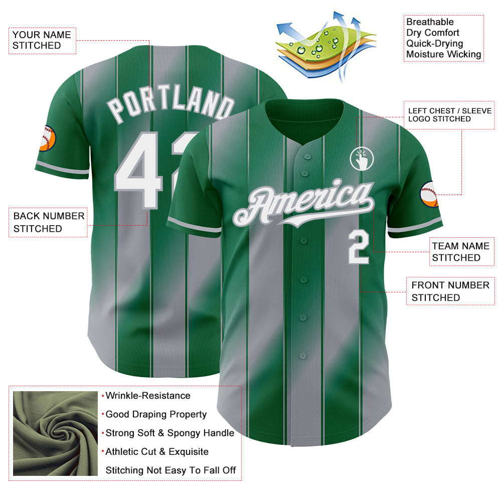 Custom Kelly Green White-Gray Gradient Classic Vertical Stripe Authentic Baseball Jersey