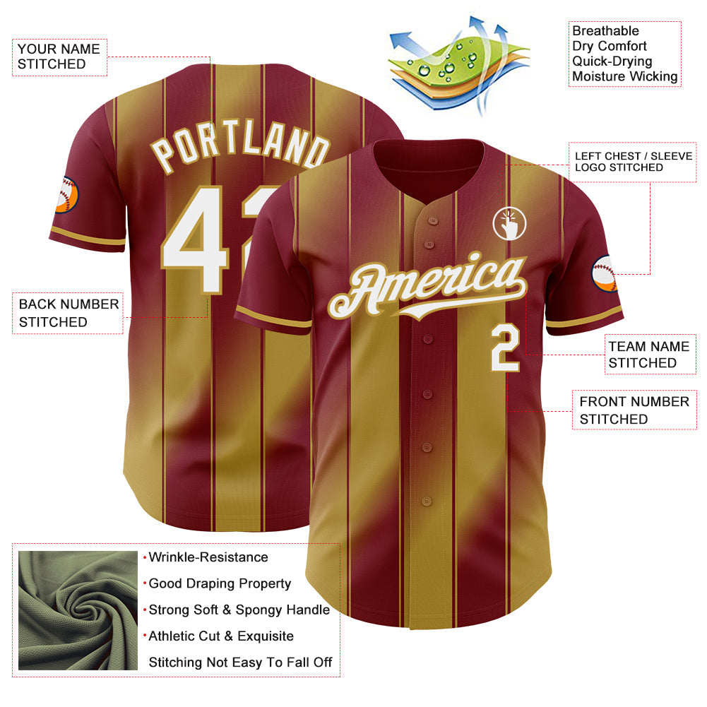 Custom Crimson White-Old Gold Gradient Classic Vertical Stripe Authentic Baseball Jersey