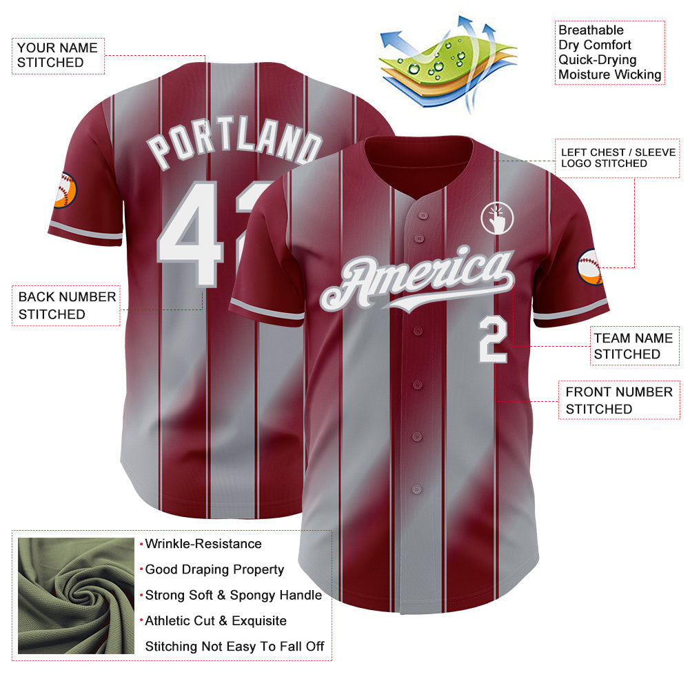Custom Crimson White-Gray Gradient Classic Vertical Stripe Authentic Baseball Jersey