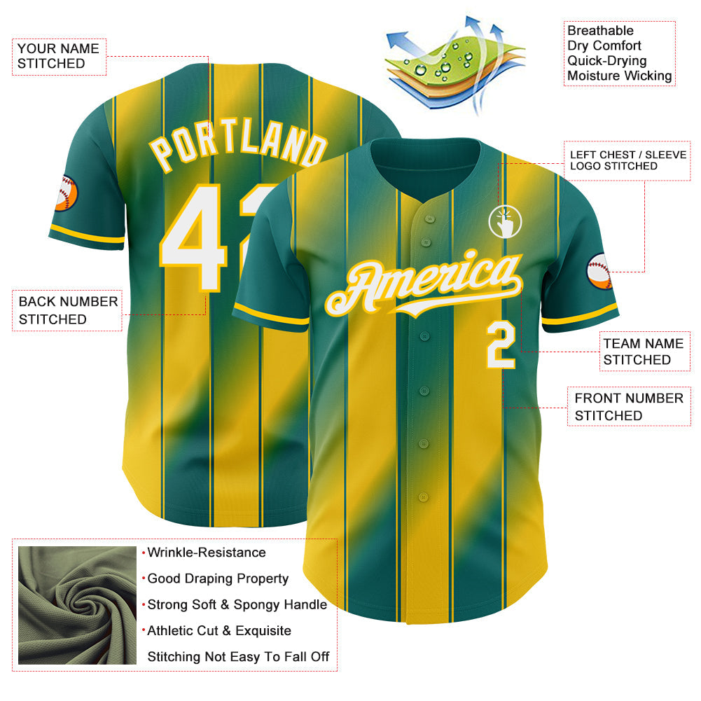 Custom Teal White-Yellow Gradient Classic Vertical Stripe Authentic Baseball Jersey