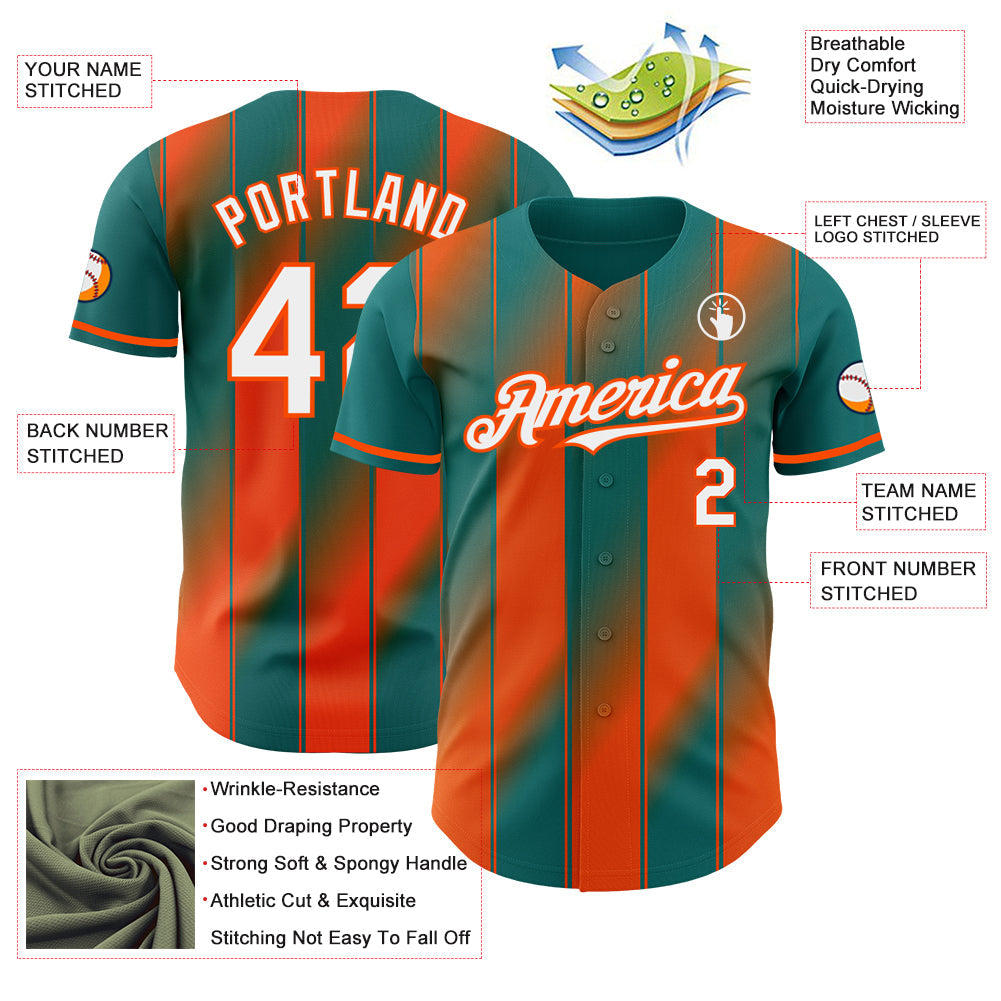 Custom Teal White-Orange Gradient Classic Vertical Stripe Authentic Baseball Jersey